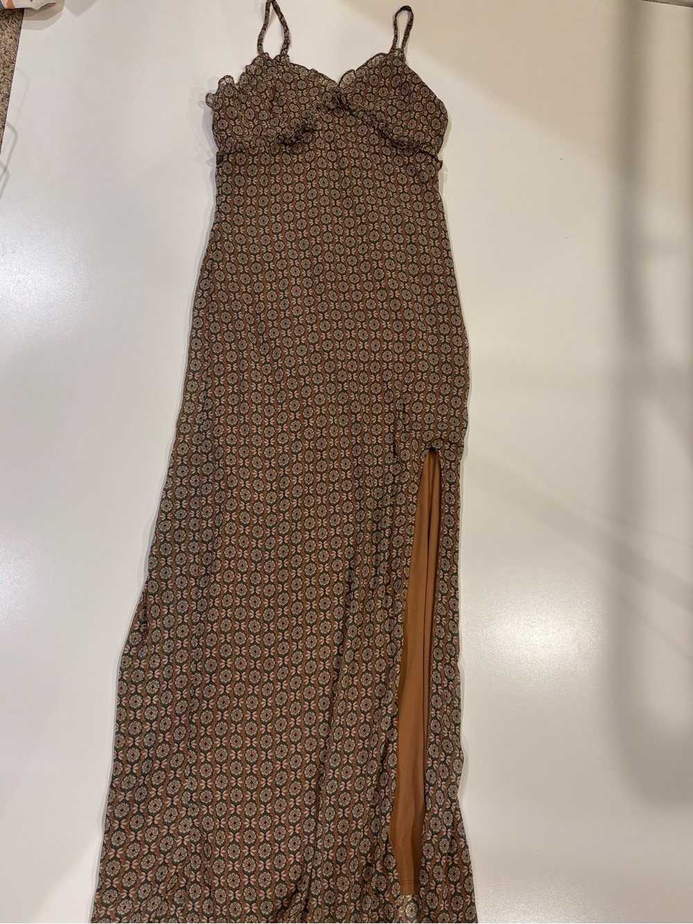 Women’s Brown & Teal Geometric Strappy Maxi Dress Y2K Style Ruffles